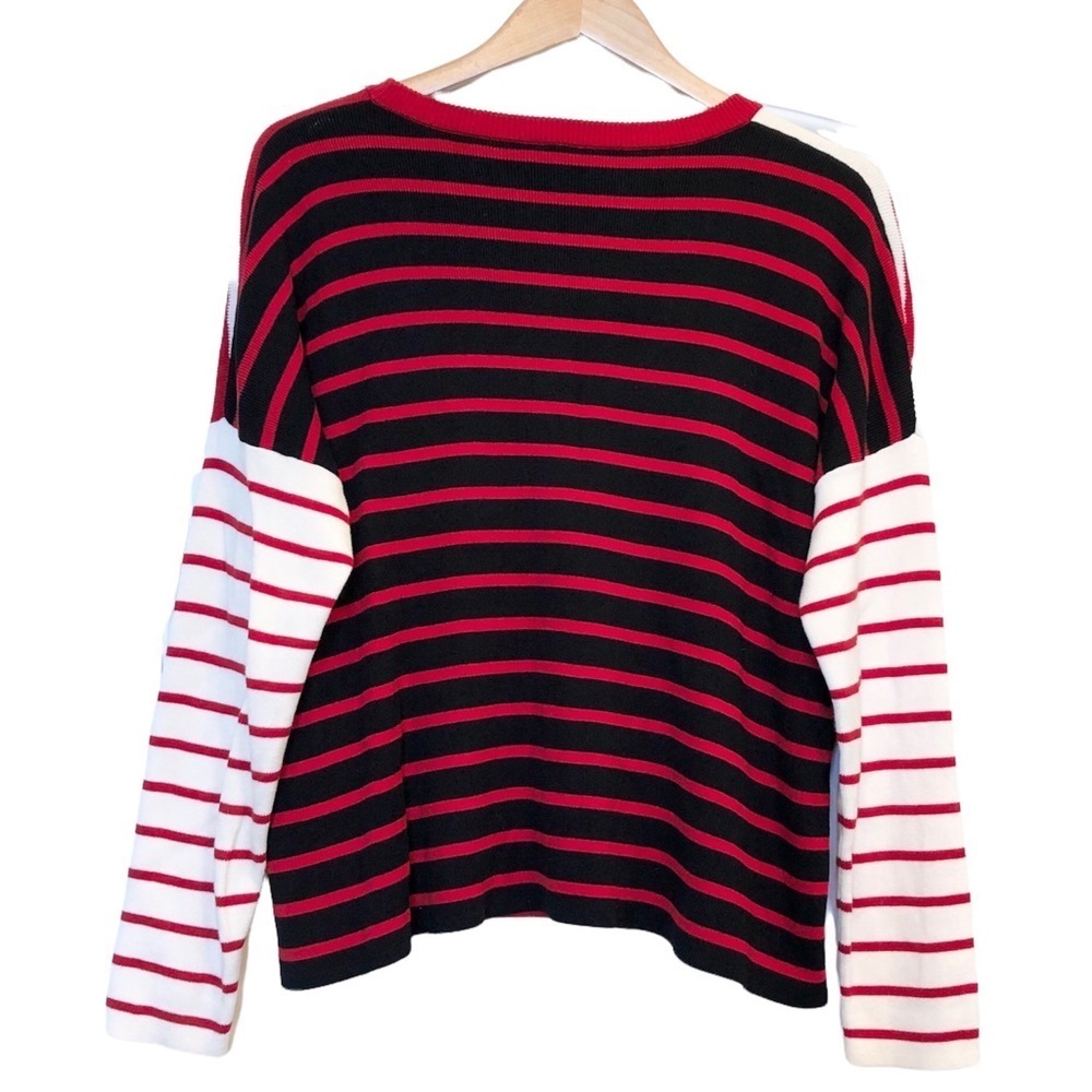 🌈 6/$60, Cabi Pocket Pullover, Striped Sweater, Red, White, Black, Size Medium - Picture 5 of 7